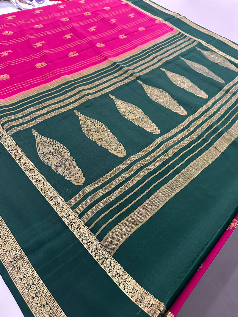 Rani Pink x Bottle Green 120 GSM Mysore Crepe Silk Saree - AU8