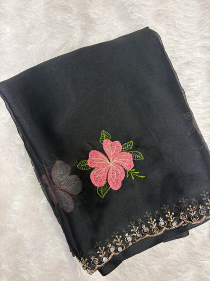 Black X Rani Pink Glass work organza sarees-1401