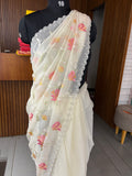 Creamy White Chiffon Designer Saree with Floral Embroidery and Stone Work Blouse JU24