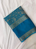 Sapphire Blue Premium Mysore Silk Saree with Kalamkari Floral Brocade AU10