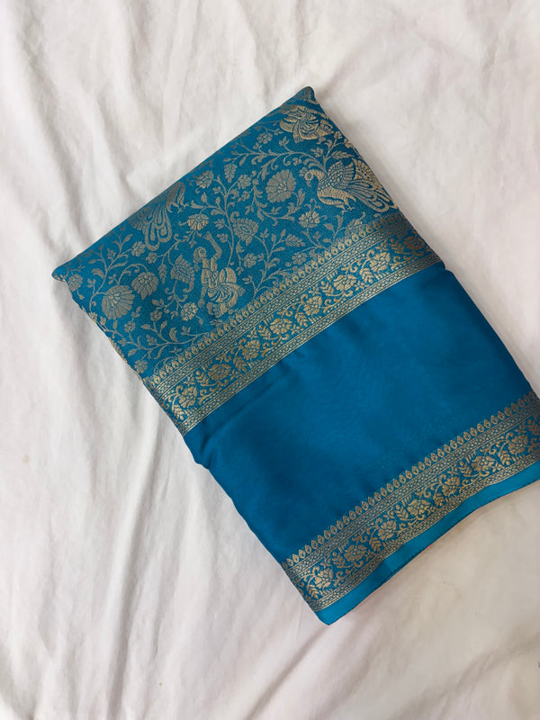 Sapphire Blue Premium Mysore Silk Saree with Kalamkari Floral Brocade AU10