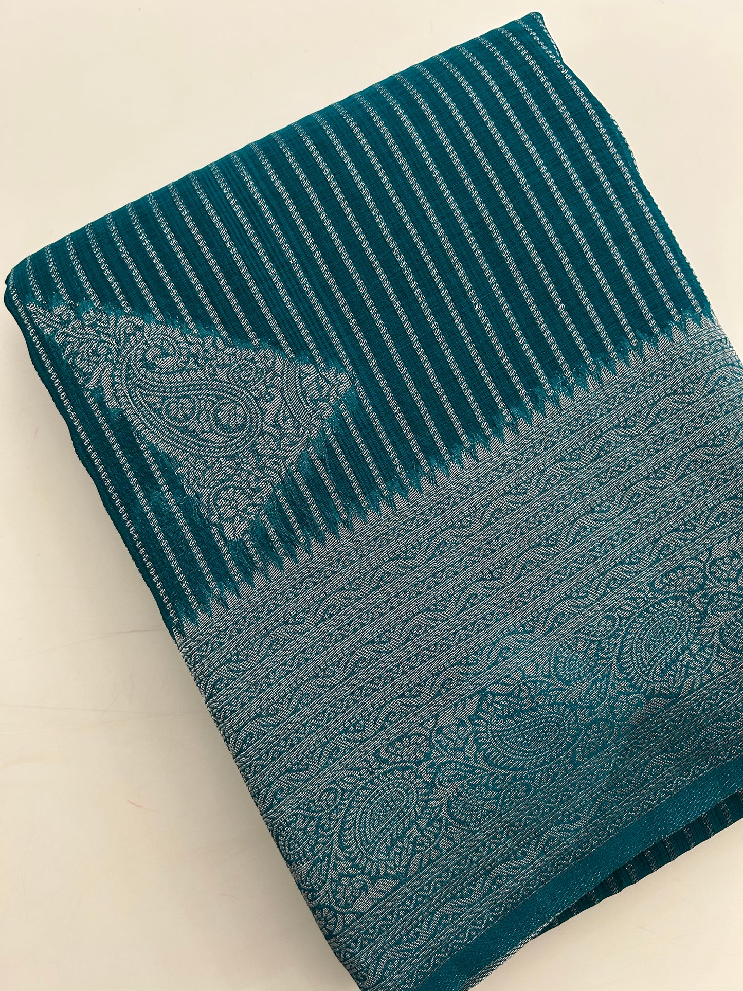 Peacock blue silver linen cotton saree-DC712