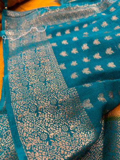 Golden yellow X sapphire blue plain crush Georgette saree with contrast combination-DC16