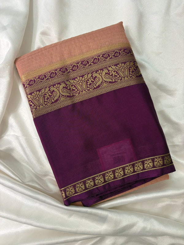 JU22 Peach Checks Crepe Saree with Purple Contrast Border Blouse