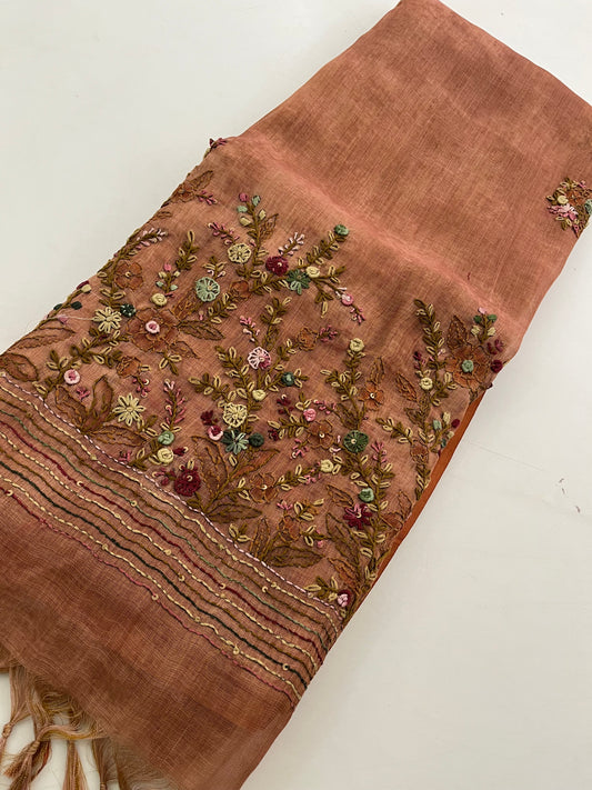 Linen Embroidery Fancy Saree