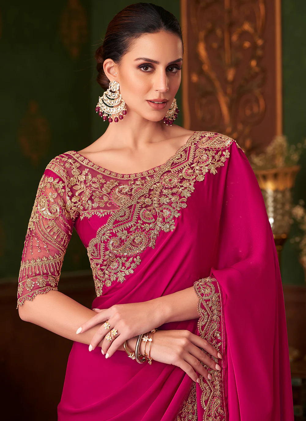 Hot Pink Satin Designer Party Wear Saree-TFH SW 1416