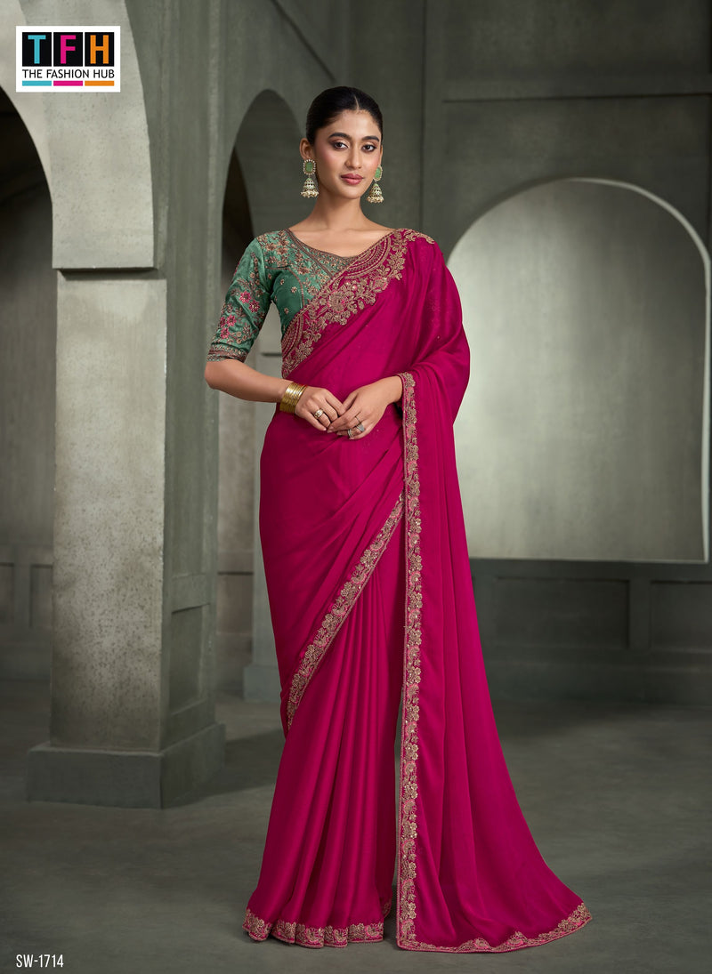 SW-1714 — BURBERRY PINK SARTIN CHIFFON SAREE & TUSSAR SILK WORK BLOUSE