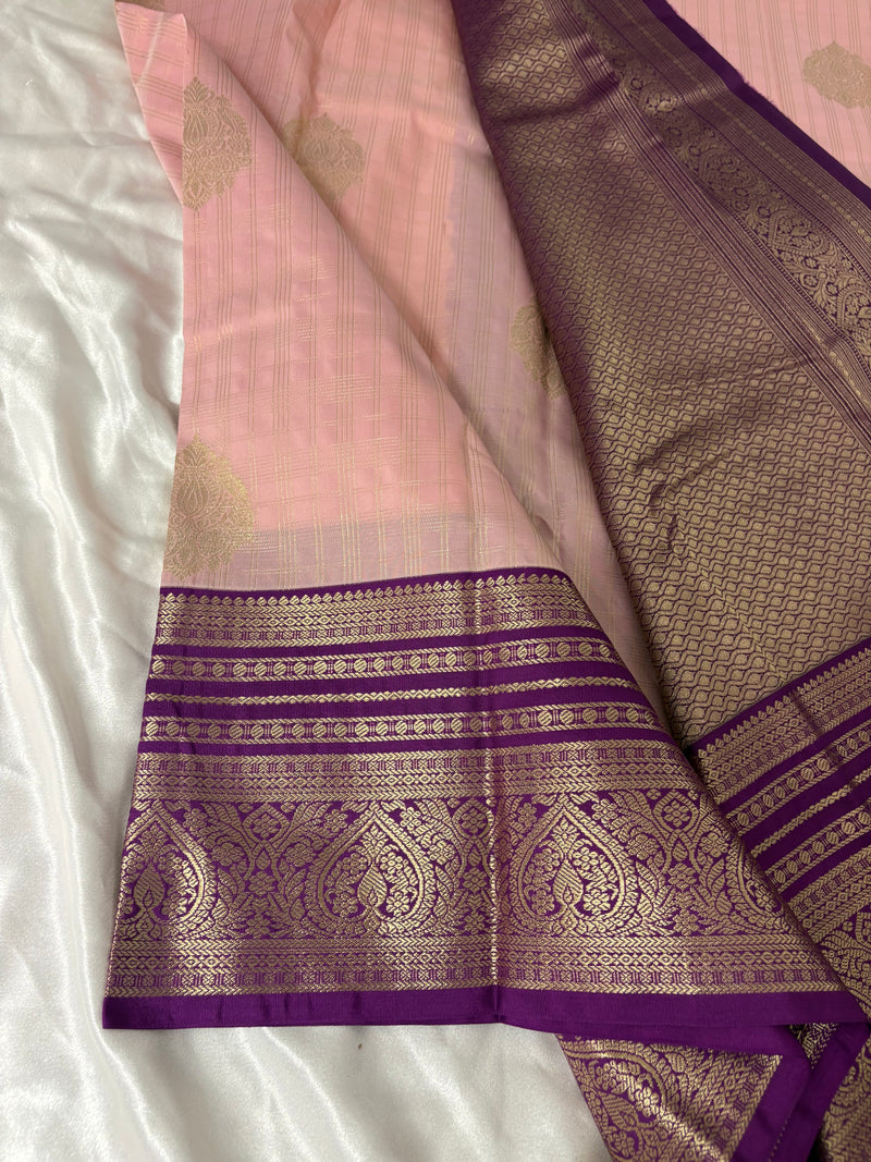 JU18 - Baby Pink X Purple Checks Semi Silk Saree
