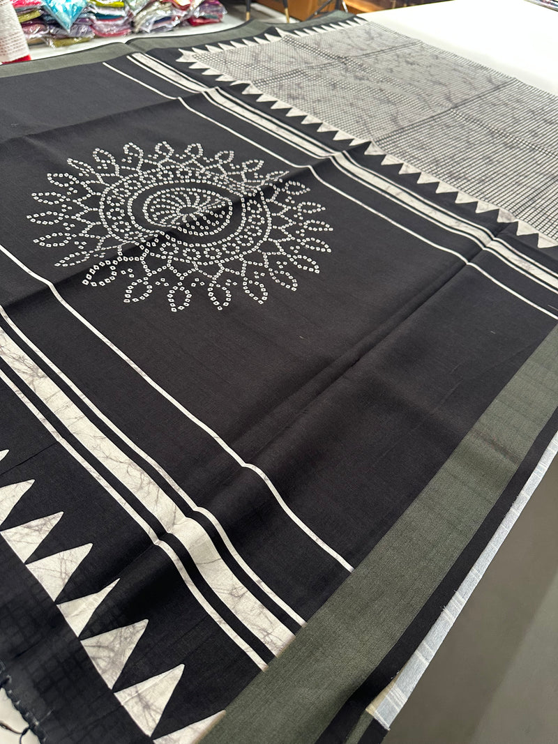Black and White Tussar Printed Saree- JU28