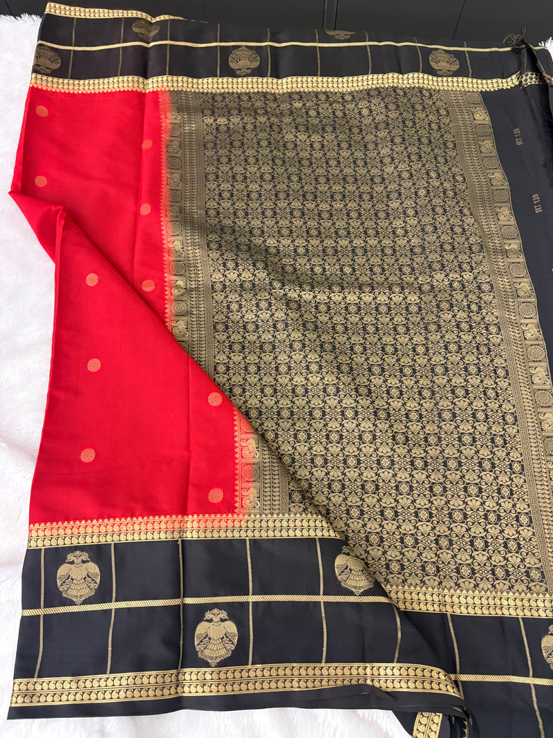 Semi Crepe Silk Saree - Red x Black (J29)