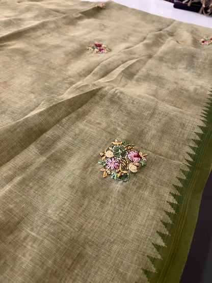 Designer linen  saree full embroidery