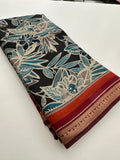 Soft Lightweight Printed Cotton Saree - Black Floral Design - AU27