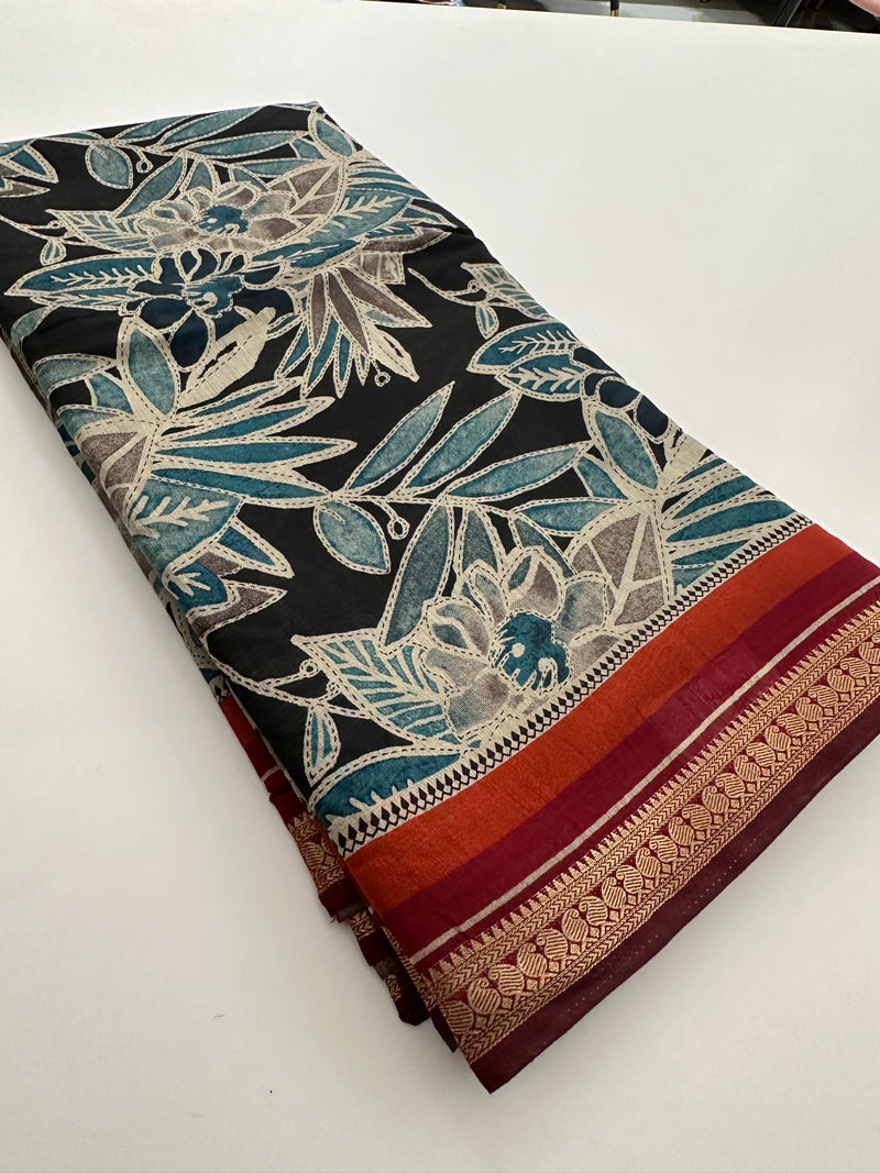 Soft Lightweight Printed Cotton Saree - Black Floral Design - AU27