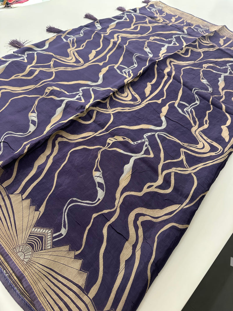 Purple Designer Dupion Silk Saree – Zigzag Abstract Design AU26