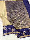 Semi Crepe Silk Saree - Cream x Navy Blue (J29)