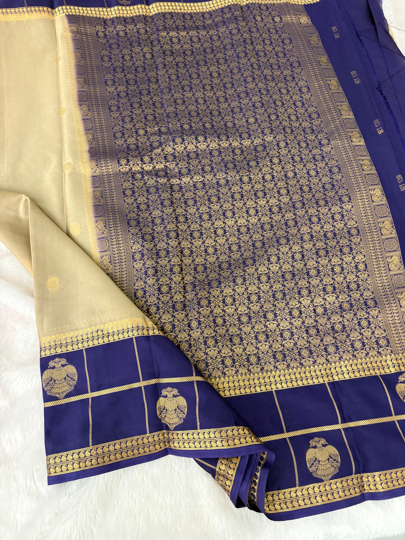 Semi Crepe Silk Saree - Cream x Navy Blue (J29)