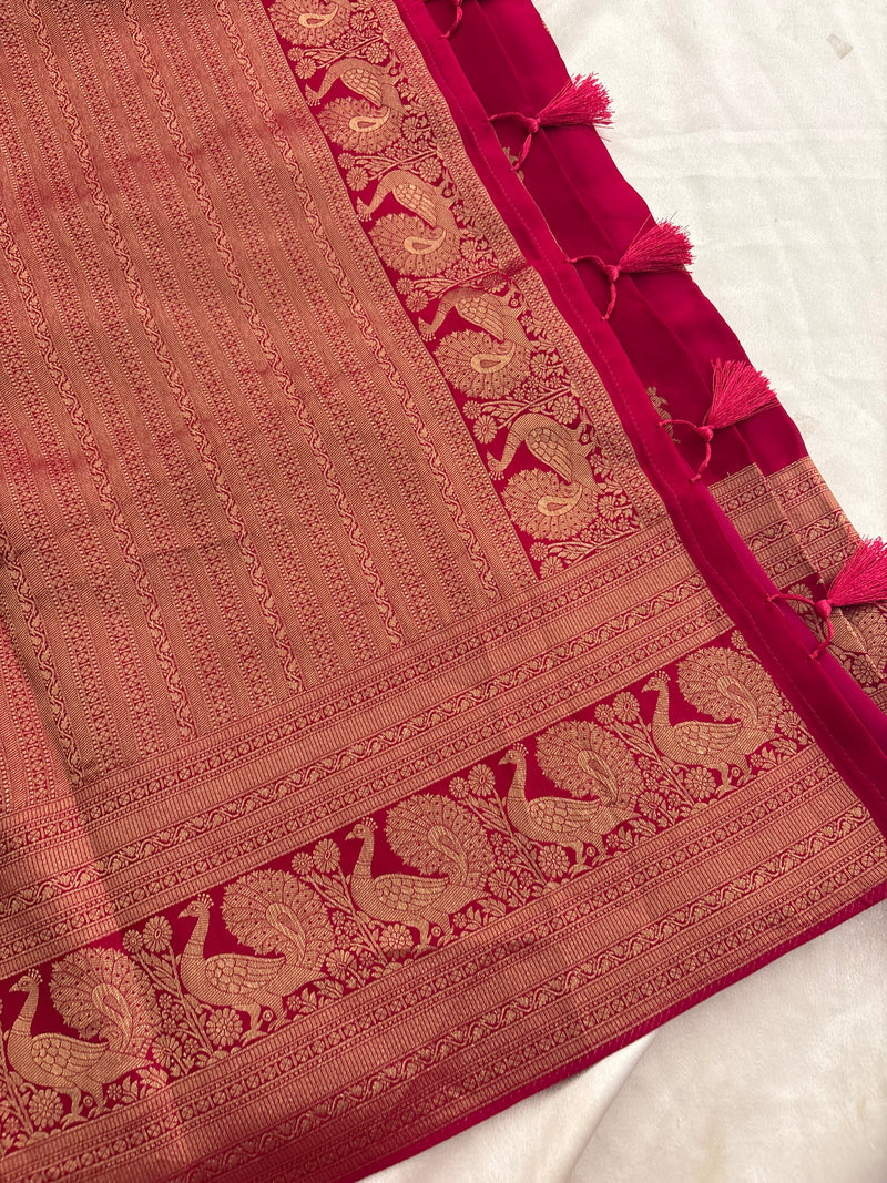 Rani pink crepe banaras saree with peacock buttas and big rich border,, comes with fancy self blouse,, beautiful feel fall fabric🌹 🌹-AU3