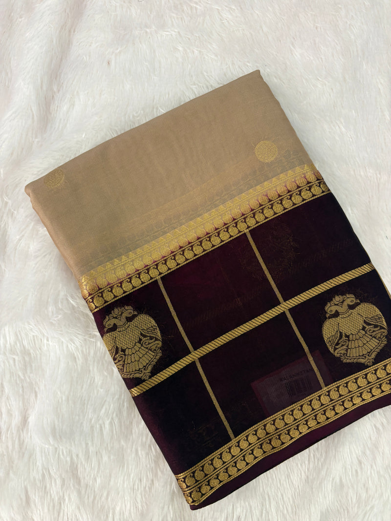 Semi Crepe Silk Saree - Beige x Brown (J29)