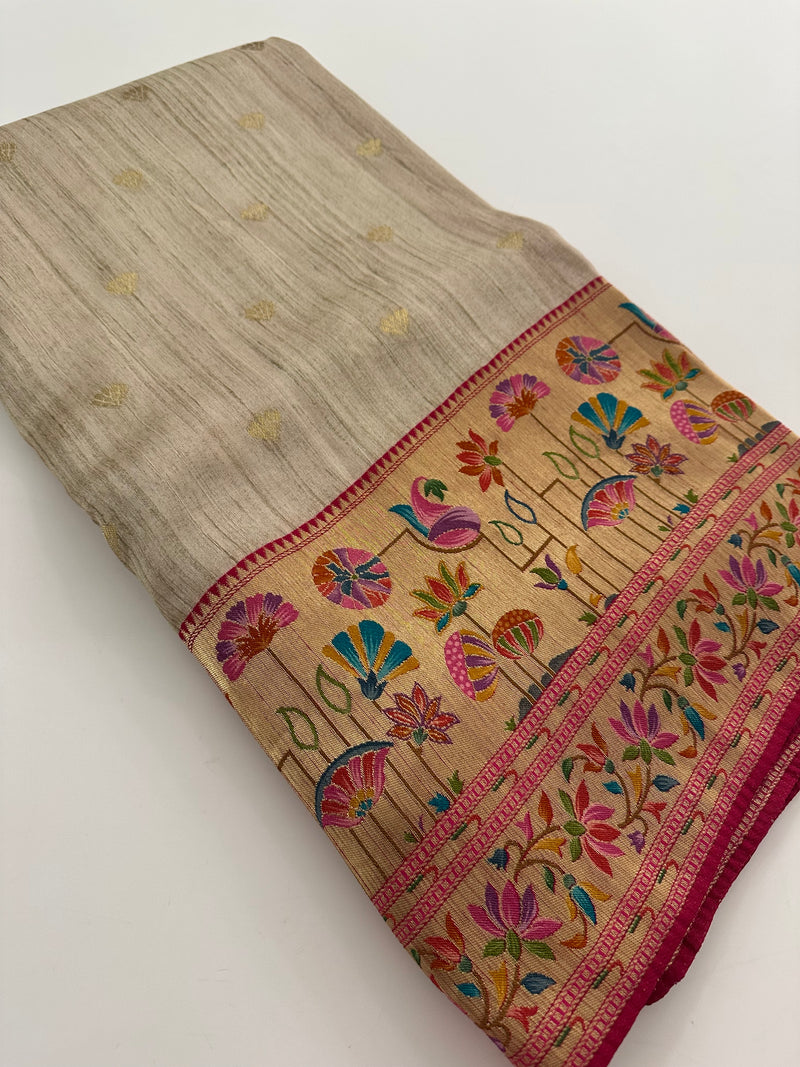 Cream x Pink Pure Tussar Paithani Designer Saree - AU12