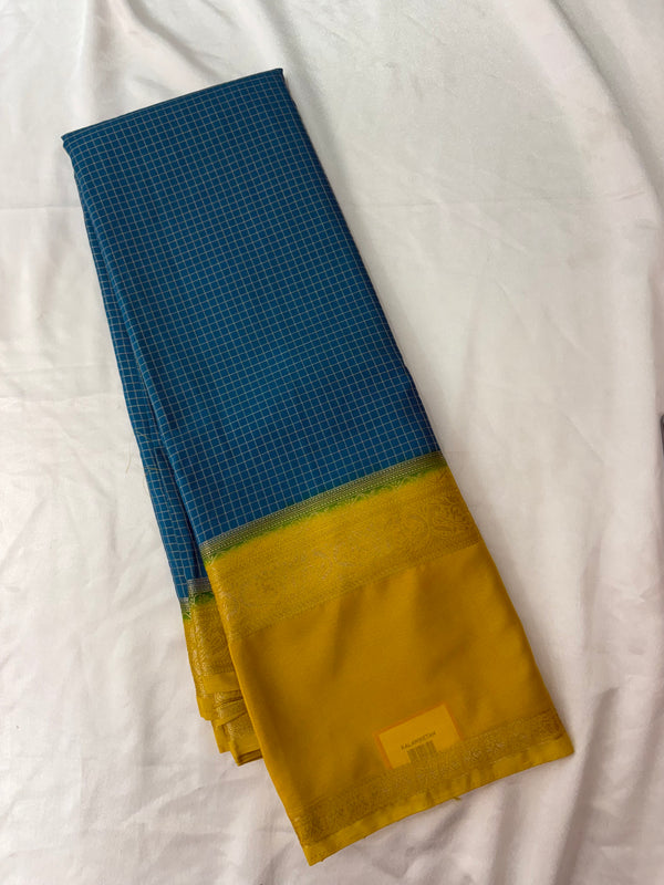 JU22 Blue Checks Crepe Saree with Yellow Contrast Border Blouse