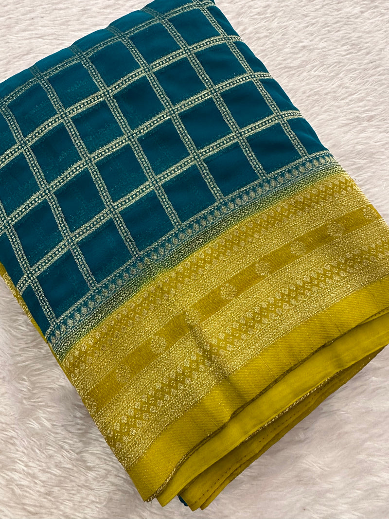 Premium Georgette Sarees In Checks Zari and Small Border with Contrast Blouse Piece 🌹-JU18