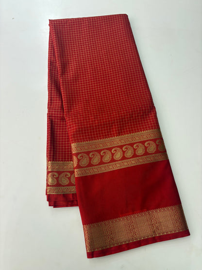 BENTEX BORDER SELF CHEX SEMI CREPE SILK SAREE-RED