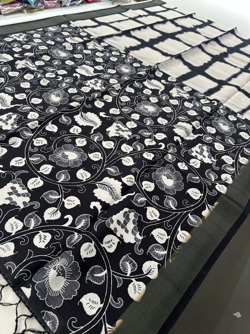 Black and White Tussar Printed Saree- JU28