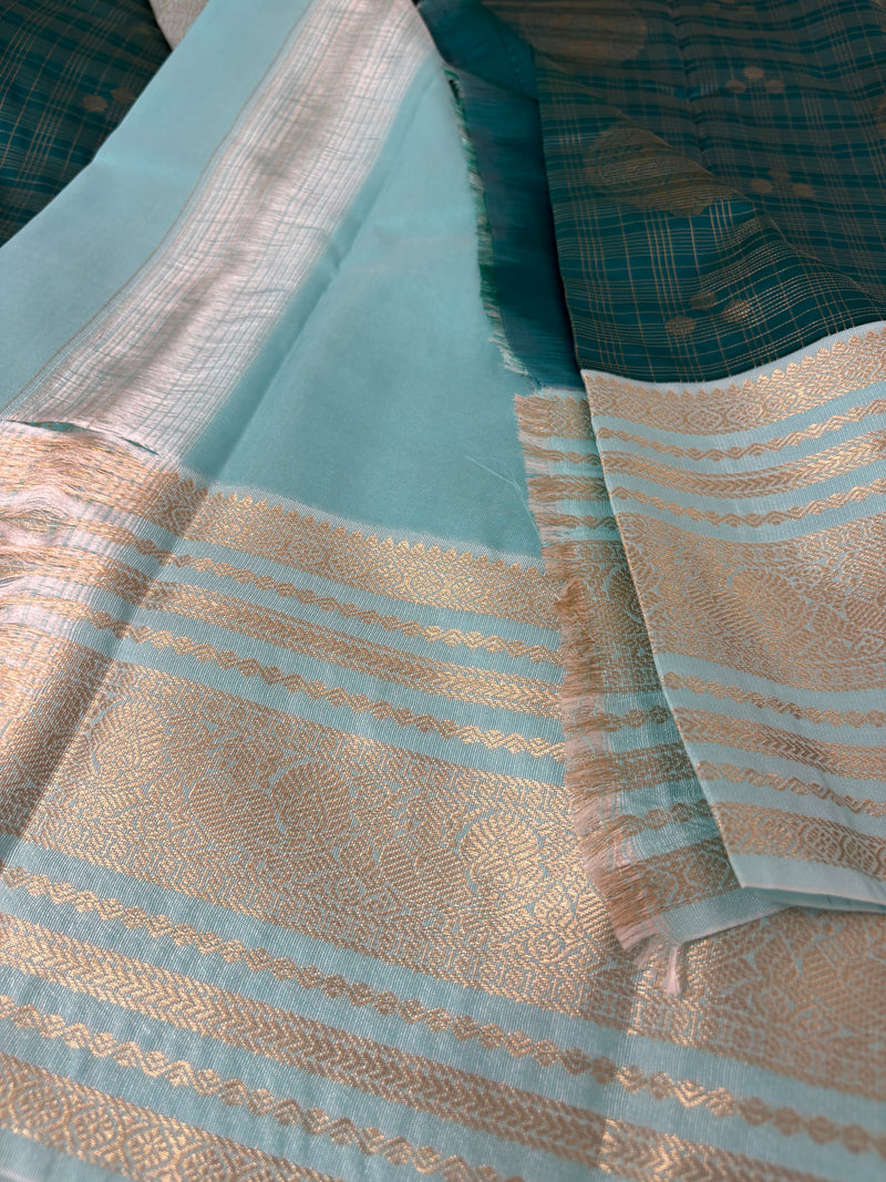JU18 - Peacock Blue X Pastel Blue Checks Semi Silk Saree