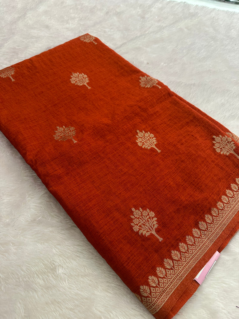 Rust Orange Linen Heritage Designer Saree with Butta - AU18