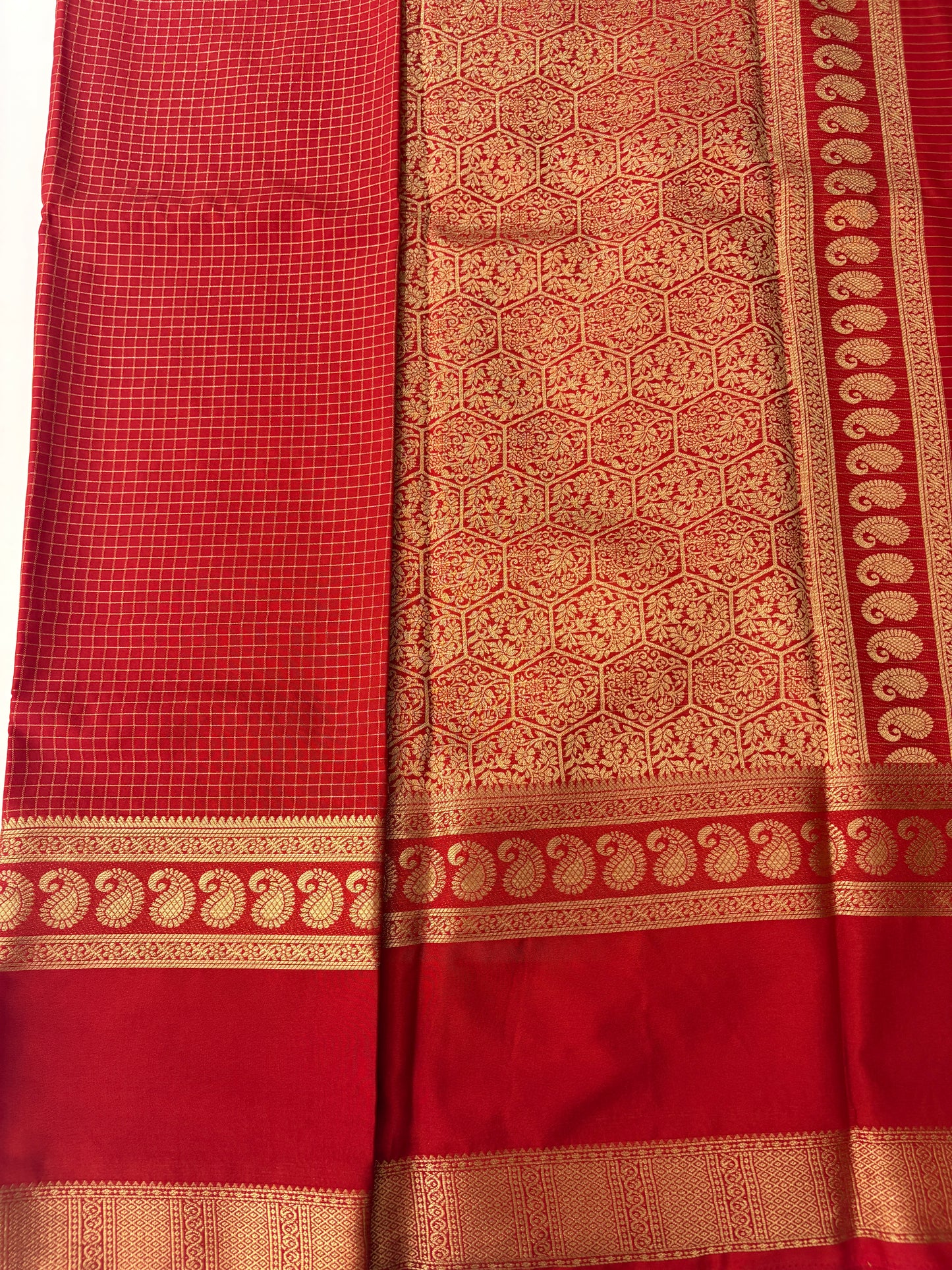 BENTEX BORDER SELF CHEX SEMI CREPE SILK SAREE-RED