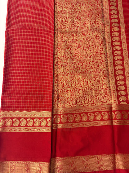 BENTEX BORDER SELF CHEX SEMI CREPE SILK SAREE-RED