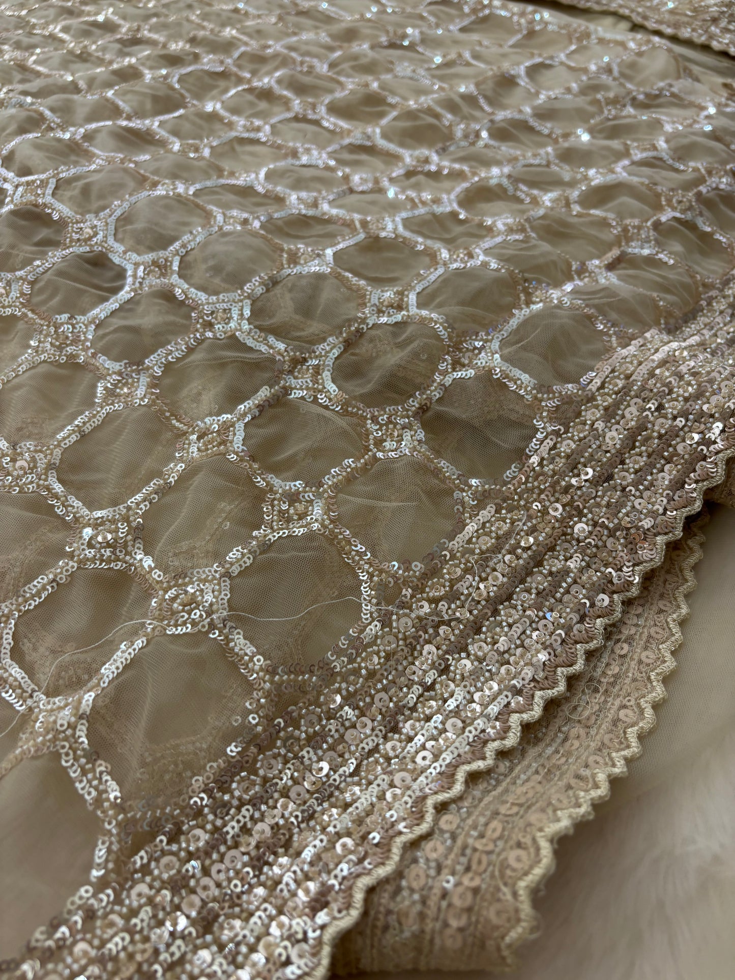 Designer Gold Beige Net Saree With Full Sleeves Sequence Blouse