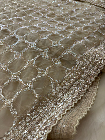 Designer Gold Beige Net Saree With Full Sleeves Sequence Blouse