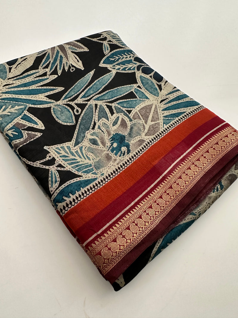 Soft Lightweight Printed Cotton Saree - Black Floral Design - AU27