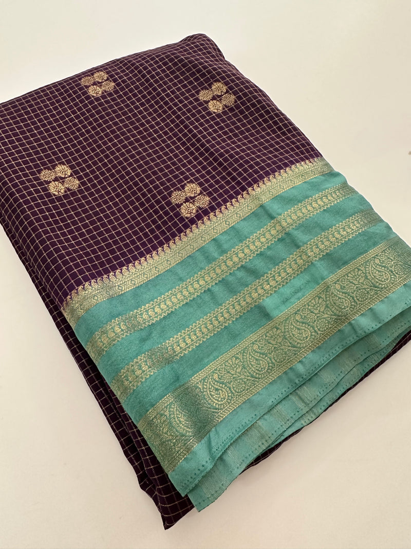 Semi Mysore Silk Checks Saree with Butta-AU16