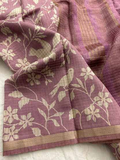 Pastel lavender chiffon viscose checks saree-Jan3