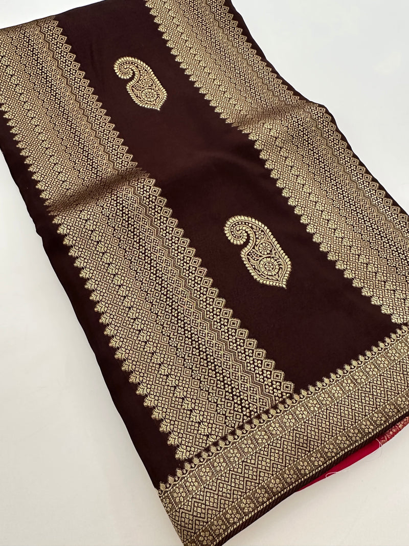 Brown x Pink Tussar Designer Saree with Mango Butta All Over JU24