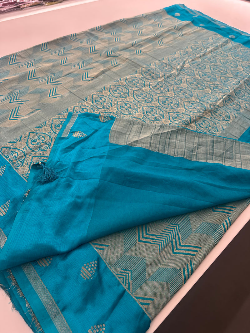 Rich Fancy Georgette Viscose Saree in Pastels and a Dark Shade♥️ Comes with Brocade buttas and butti self blouse ♥️-JU25