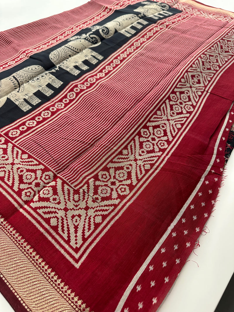 Black X Red Soft Printed Kalamkari Chanderi Saree