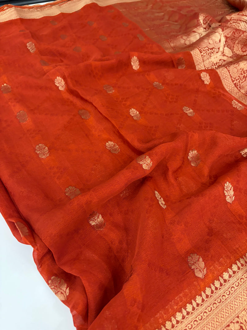 Laser Chiffon Saree Rust Orange Shade- JU17
