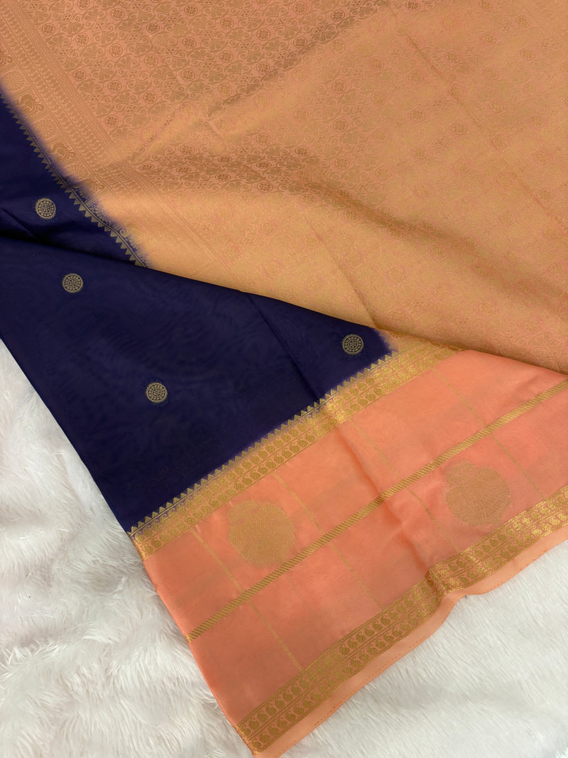 Semi Crepe Silk Saree - Dark Blue x Peach (J29)