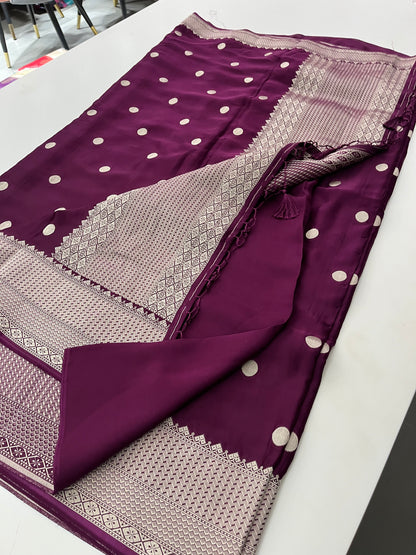 59 PURE SATIN CRAPE SILK WITH ANTIQUE ZARI POLKA DOTS DESIGNS