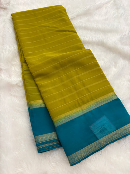 Yellow X Blue Striped Soft Semi Mysore Silk Saree-J116