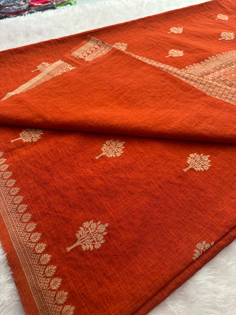 Rust Orange Linen Heritage Designer Saree with Butta - AU18