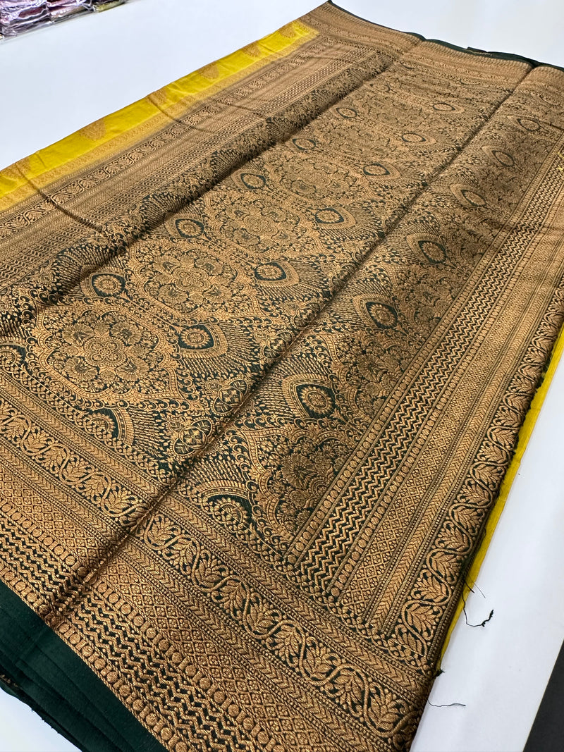 Lemon Yellow x Green Tussar Cotton Saree with Double Leaf Butta All Over JU24