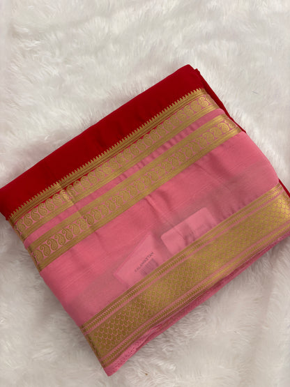 Red X pink Bentex Border Semi Mysore Silk Saree-J119