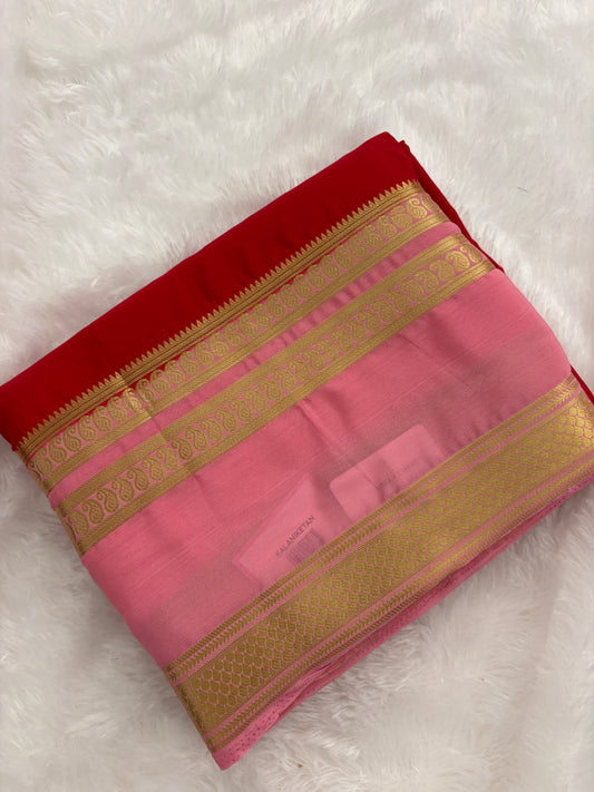 Red X pink Bentex Border Semi Mysore Silk Saree-J119