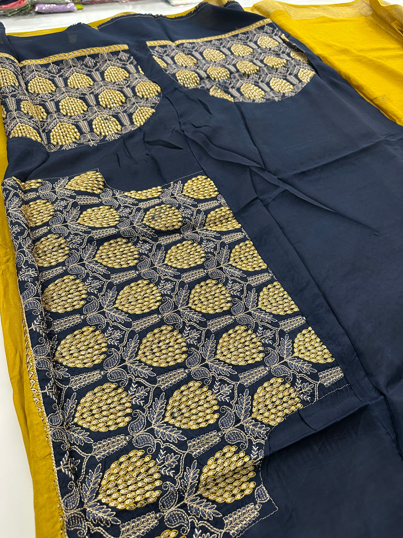 Mustard Yellow Banarsi Crepe Silk Designer Saree AU26