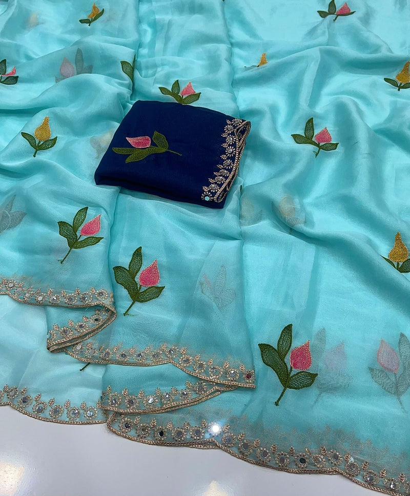 Soft Rangoli silk saree with embroidery work all over saree and beautiful  flower  design and real  mirror work with cut work border    Blouse - beautiful contract rangoli silk blouse with embroidery work