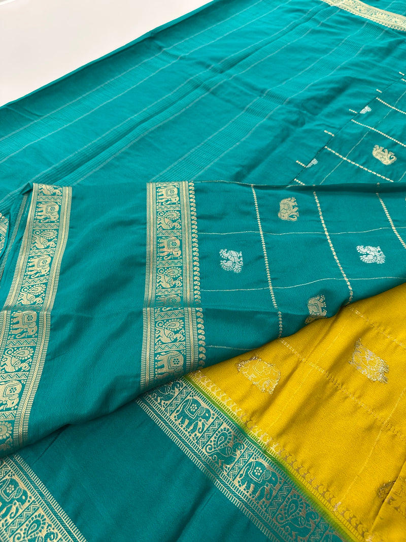 Premium Semi Mysore Silk sarees with silver and gold weavings and contrast blouse piece🌹-AU9